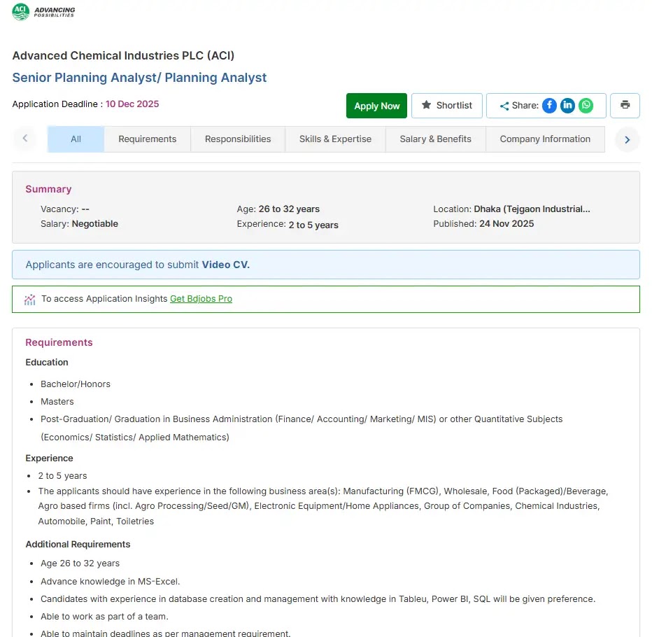 এসিআই নিয়োগ বিজ্ঞপ্তি ২০২৫