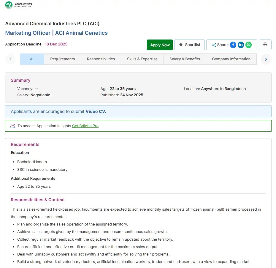 এসিআই নিয়োগ বিজ্ঞপ্তি ২০২৫