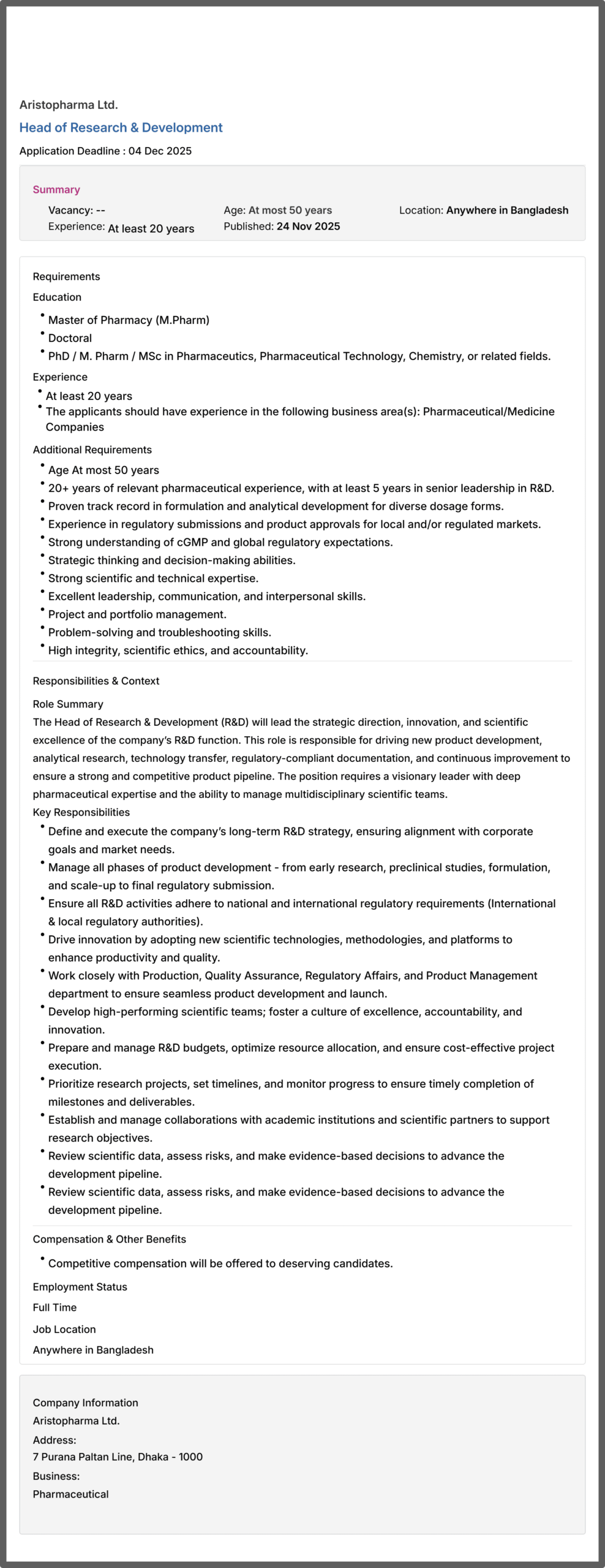 অ্যারিস্টোফার্মা লিমিটেড জব সার্কুলার